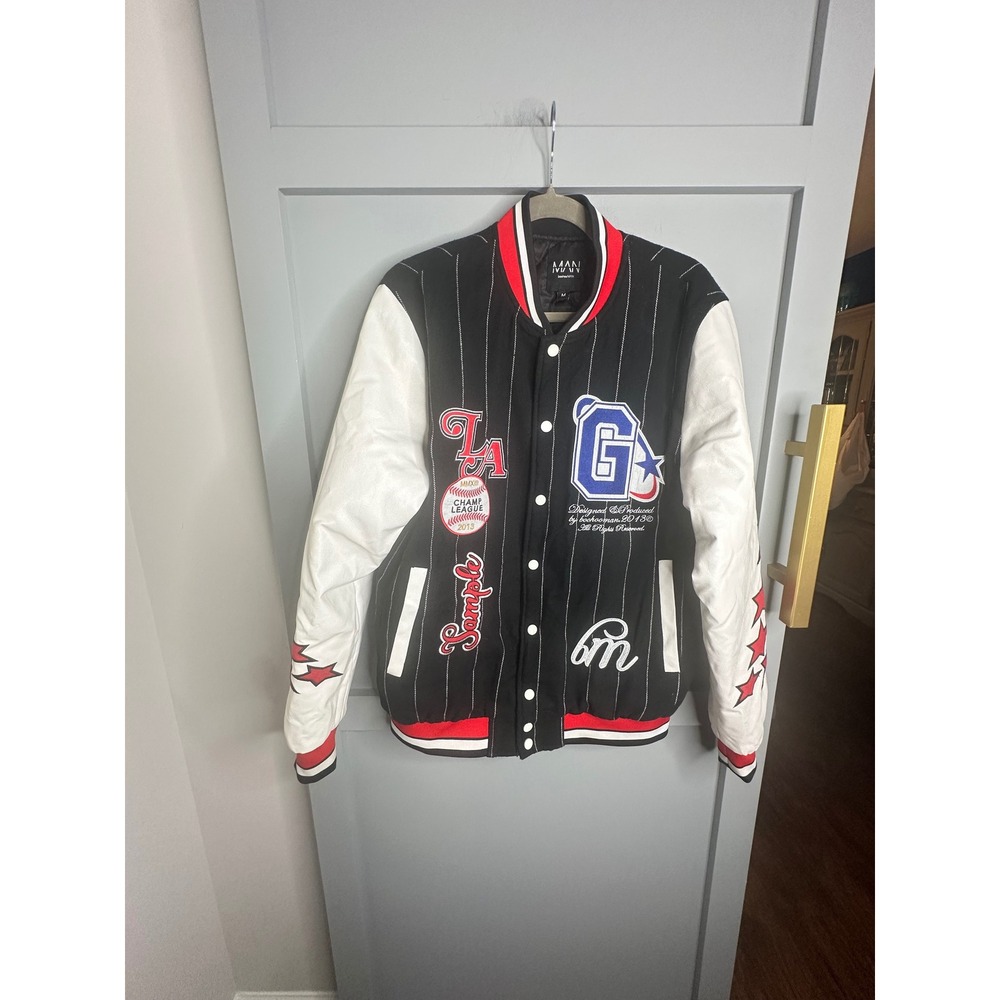 boohooMAN Mens Black Pinstripe Varsity Jacket Star Patch Faux Leather Sleeves M